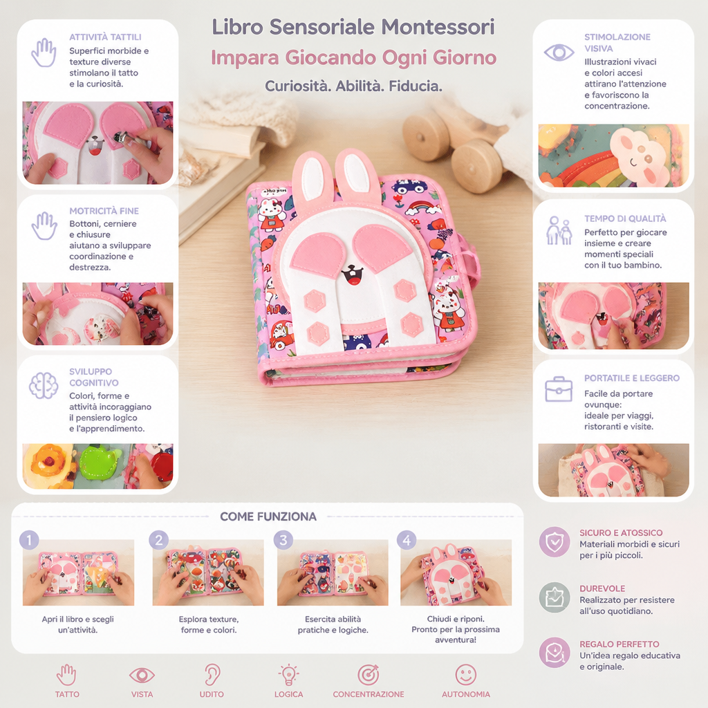 Libro Sensoriale Montessori da Toccare e Scoprire per Bambini Piccoli