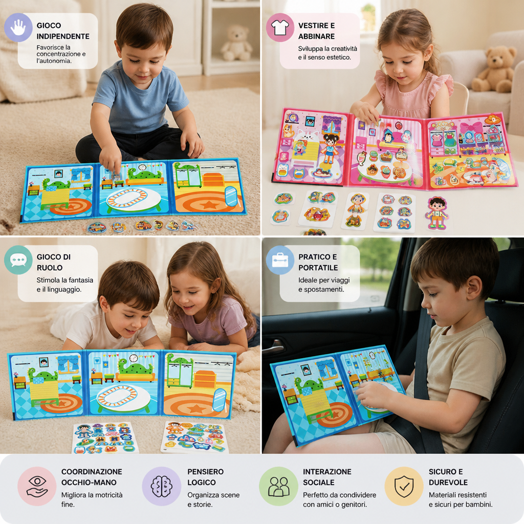 Libro Silenzioso Magnetico Montessori – Gioco Creativo con Vestiti e Scenari