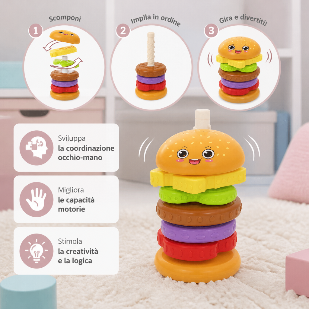 Gioco impilabile interattivo con hamburger rotante