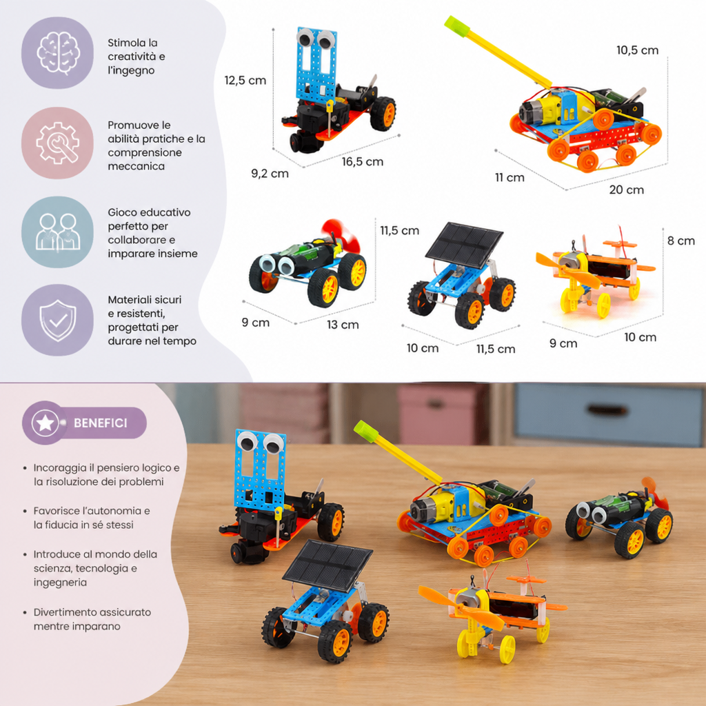 Set di costruzioni STEM fai da te 5 in 1 con veicoli per bambini