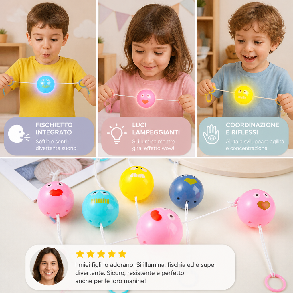 Pallina trottola luminosa con fischietto e cordicella per bambini