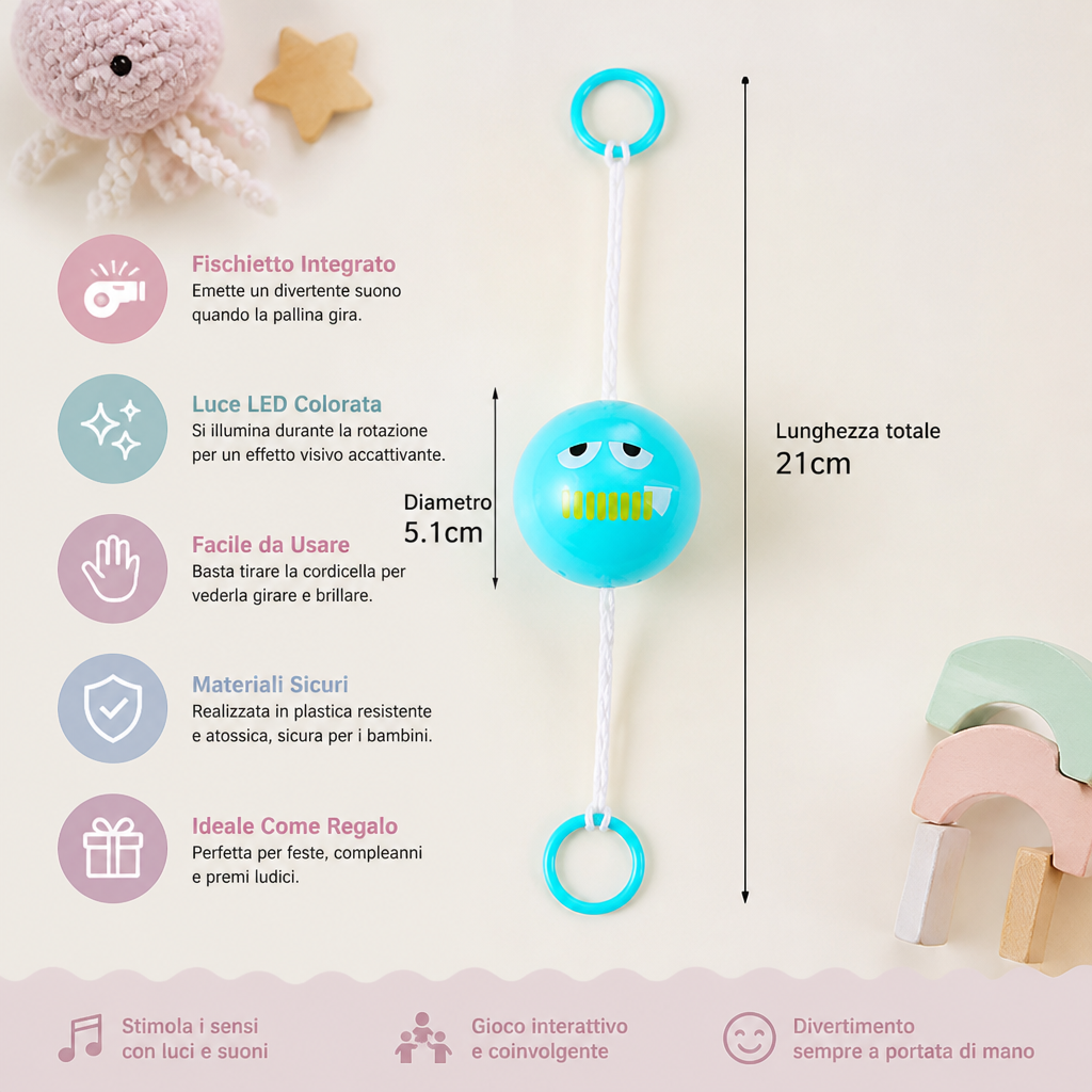 Pallina trottola luminosa con fischietto e cordicella per bambini