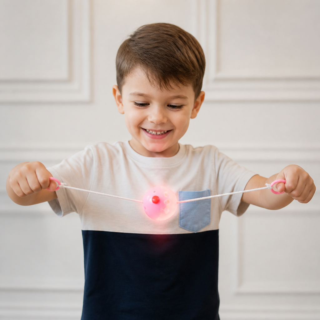 Pallina trottola luminosa con fischietto e cordicella per bambini