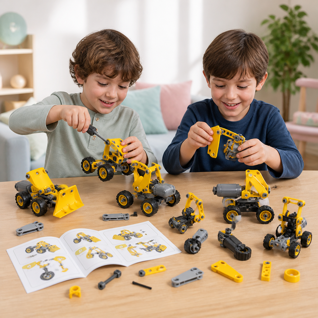 Set Creativo Elettrico 10 in 1 per Costruire Veicoli da Cantiere per Bambini