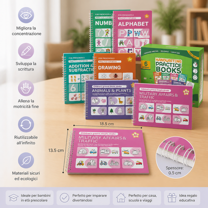 Quaderni Di Esercizi Di Scrittura Riutilizzabili Con Guide In Rilievo Per Bambini – Set Da 6 Pezzi Per Ricalco E Scrittura