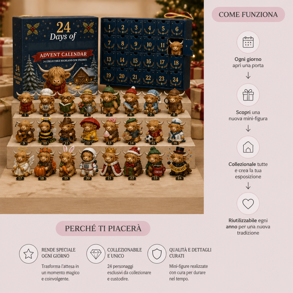 Calendario dell'Avvento di 24 giorni con mini-figure da collezione di bovini Highland