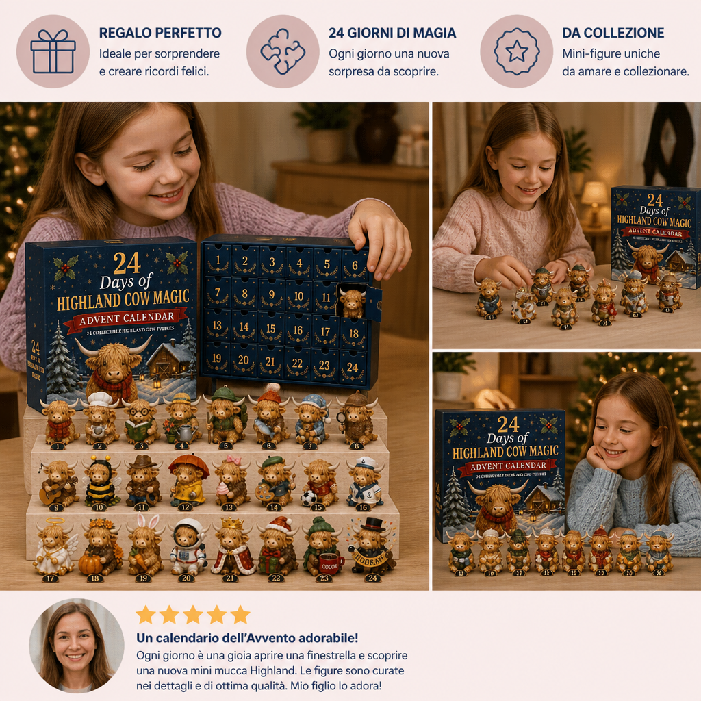 Calendario dell'Avvento di 24 giorni con mini-figure da collezione di bovini Highland