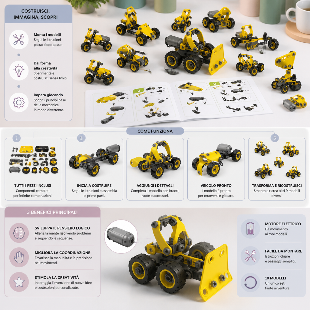 Set Creativo Elettrico 10 in 1 per Costruire Veicoli da Cantiere per Bambini