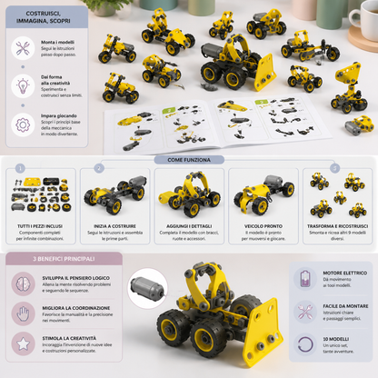 Set Creativo Elettrico 10 in 1 per Costruire Veicoli da Cantiere per Bambini