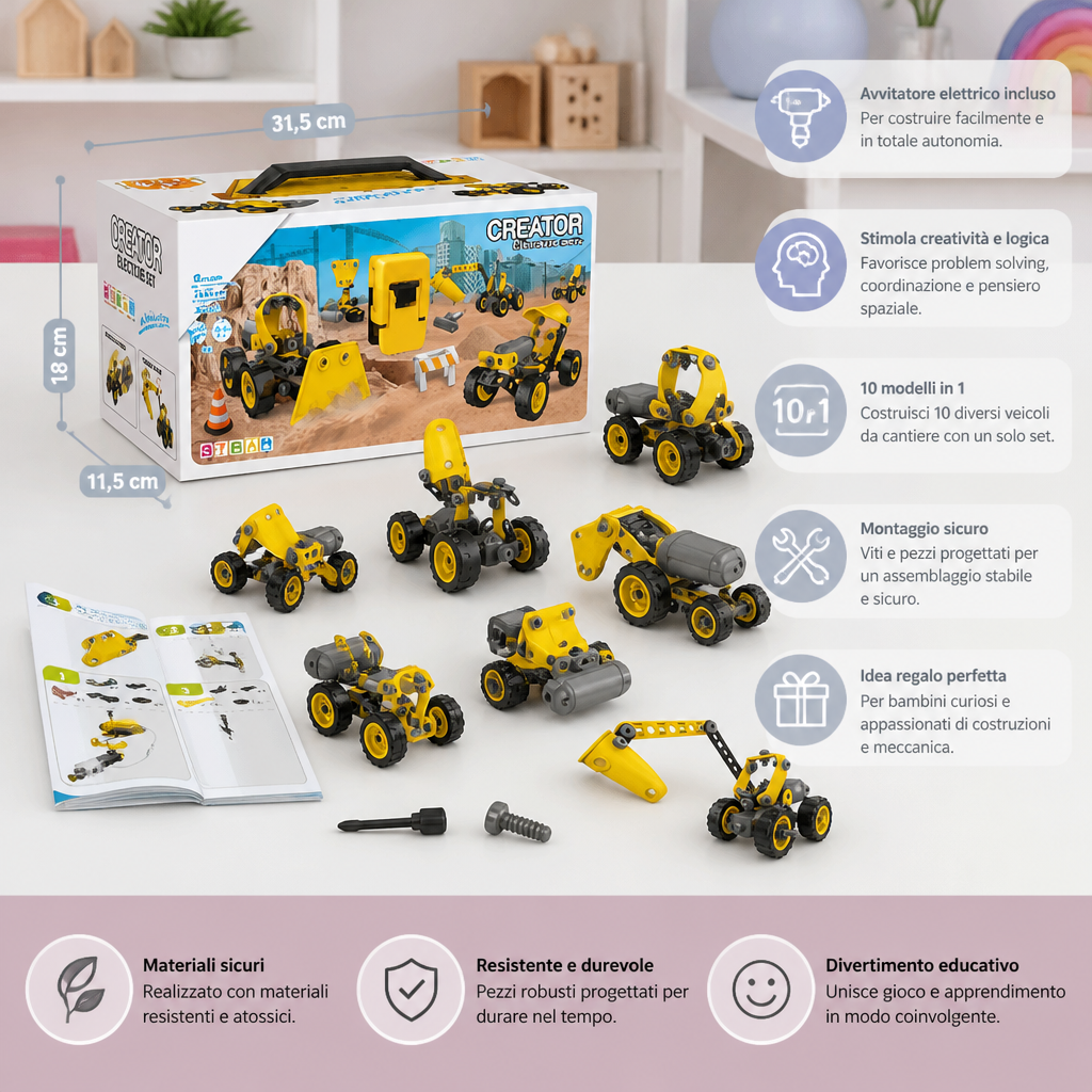 Set Creativo Elettrico 10 in 1 per Costruire Veicoli da Cantiere per Bambini