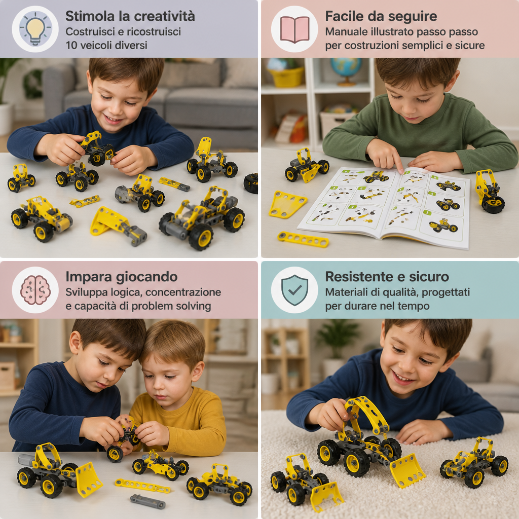Set Creativo Elettrico 10 in 1 per Costruire Veicoli da Cantiere per Bambini