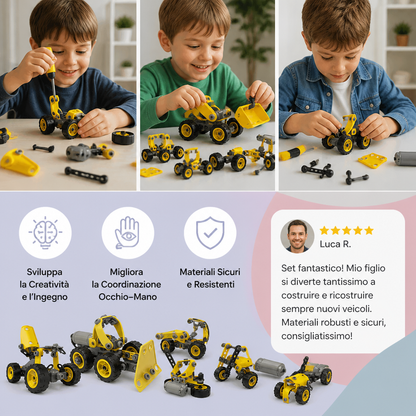 Set Creativo Elettrico 10 in 1 per Costruire Veicoli da Cantiere per Bambini