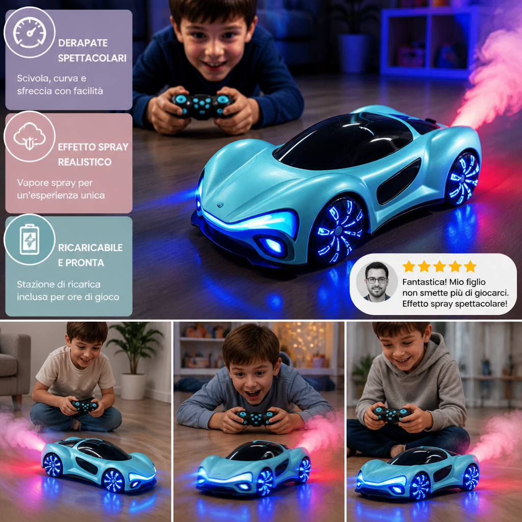 Auto RC da Drift Luminosa con Effetto Spray e Stazione di Ricarica