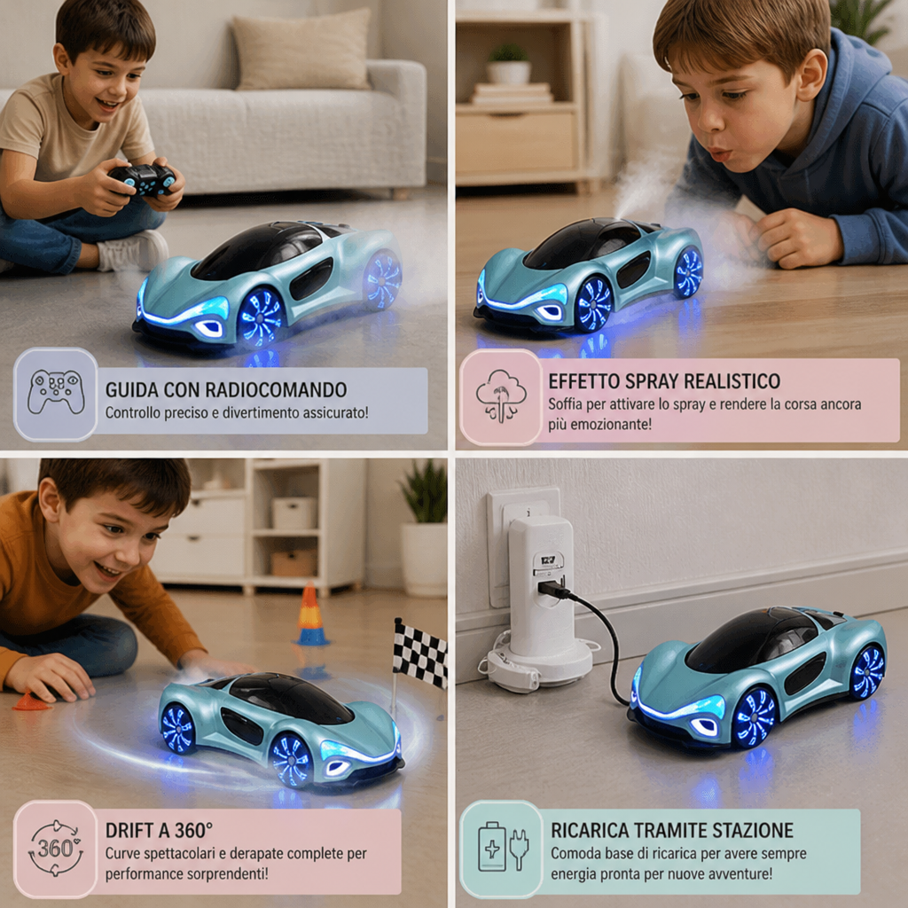 Auto RC da Drift Luminosa con Effetto Spray e Stazione di Ricarica