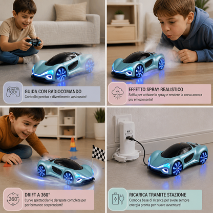Auto RC da Drift Luminosa con Effetto Spray e Stazione di Ricarica