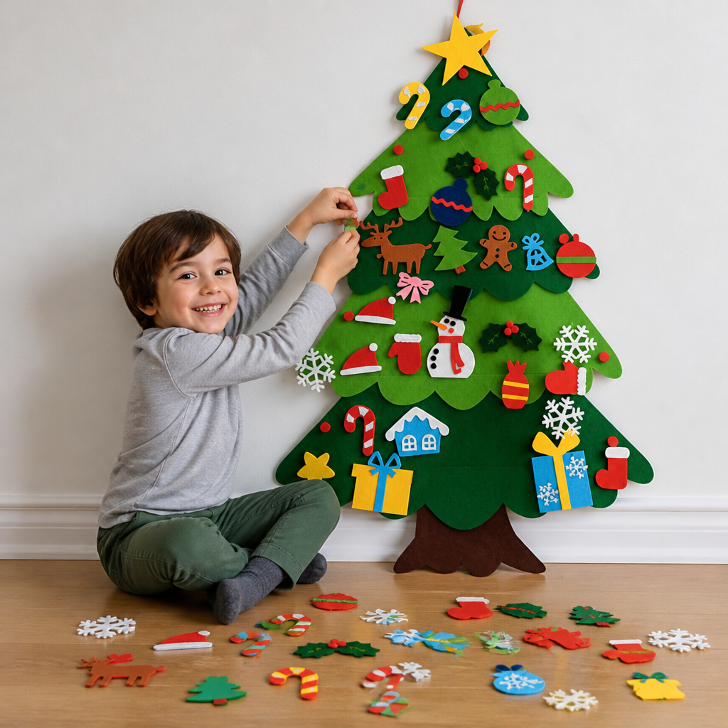 Albero di Natale in Feltro Fai da Te per Bambini con Decorazioni da Appendere