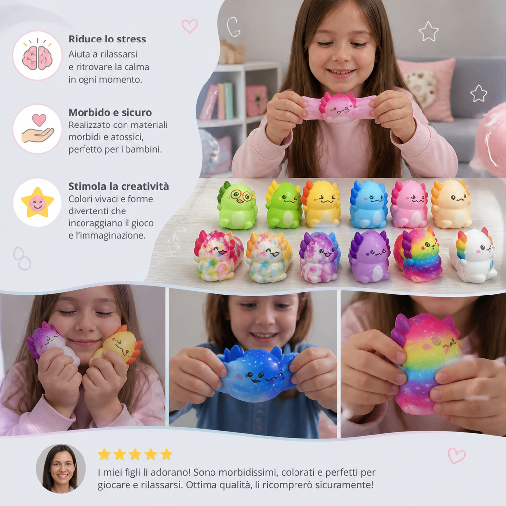 Set da 24 Giocattoli Antistress Squishy Morbidi a Forma di Axolotl