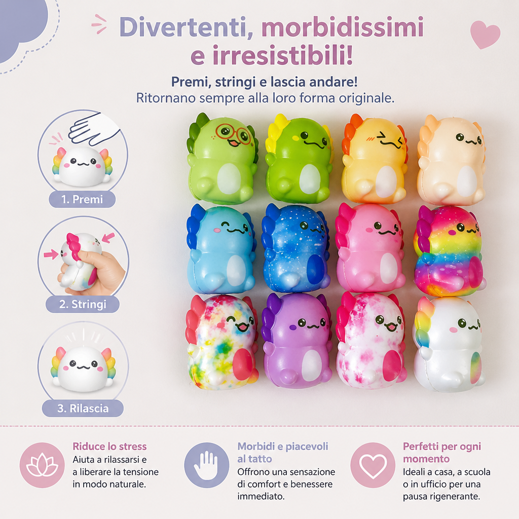 Set da 24 Giocattoli Antistress Squishy Morbidi a Forma di Axolotl