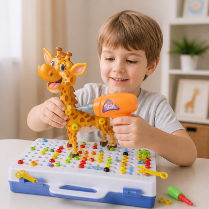 Set di blocchi da costruzione con animali del safari e trapano giocattolo elettrico per bambini
