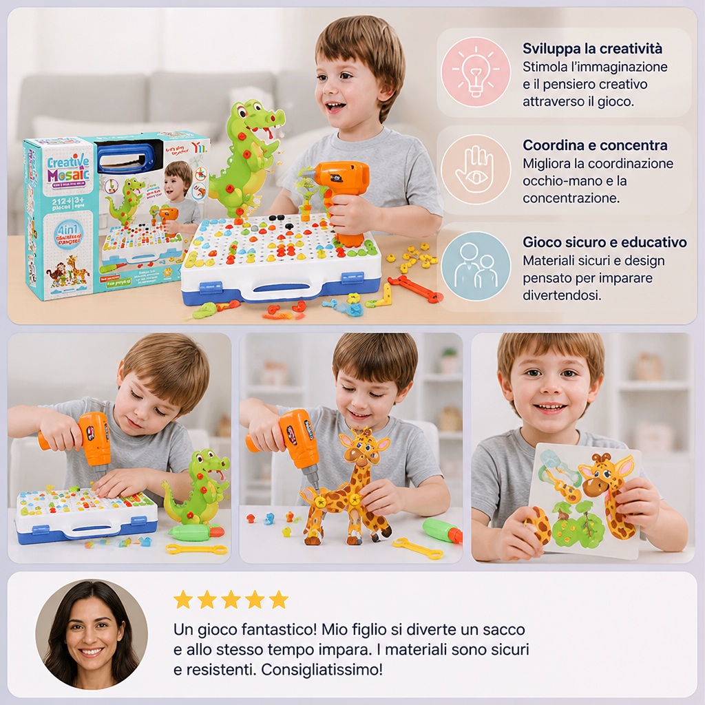 Set di blocchi da costruzione con animali del safari e trapano giocattolo elettrico per bambini