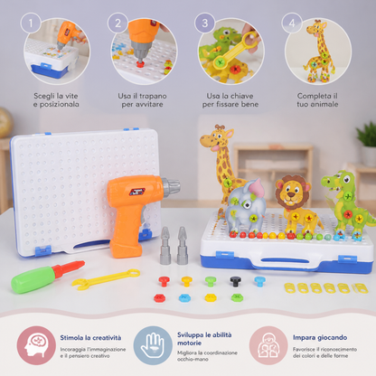 Set di blocchi da costruzione con animali del safari e trapano giocattolo elettrico per bambini