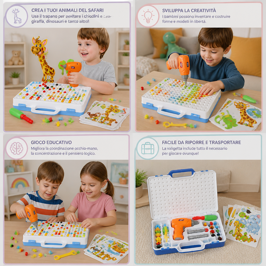 Set di blocchi da costruzione con animali del safari e trapano giocattolo elettrico per bambini