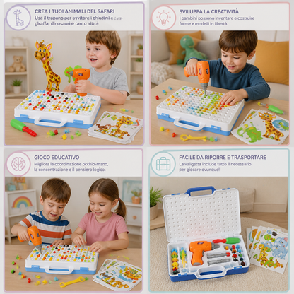 Set di blocchi da costruzione con animali del safari e trapano giocattolo elettrico per bambini