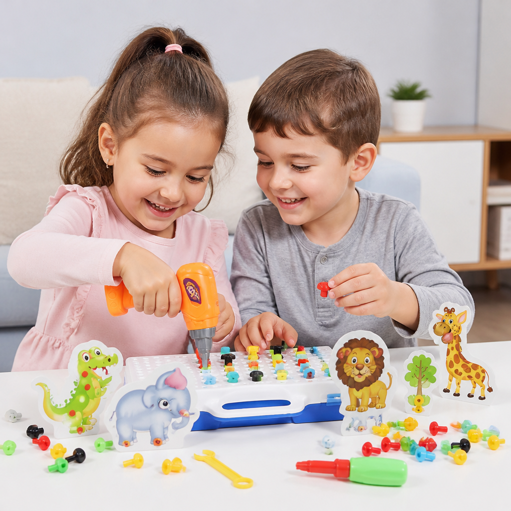 Set di blocchi da costruzione con animali del safari e trapano giocattolo elettrico per bambini