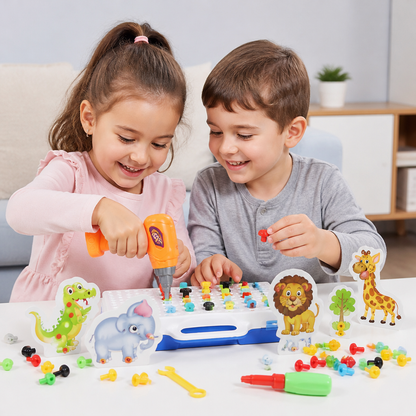 Set di blocchi da costruzione con animali del safari e trapano giocattolo elettrico per bambini
