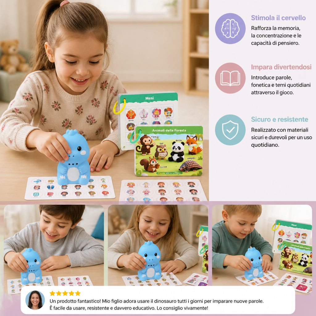 Carte Parlanti Interattive dei Dinosauri e Adesivi – Set di Apprendimento Montessori per la Fonetica e le Parole Visive
