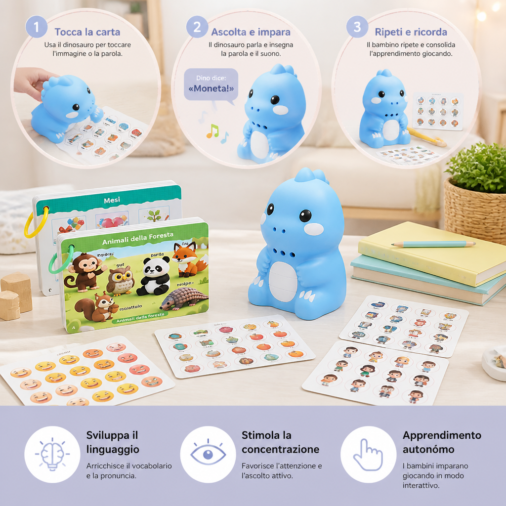 Carte Parlanti Interattive dei Dinosauri e Adesivi – Set di Apprendimento Montessori per la Fonetica e le Parole Visive