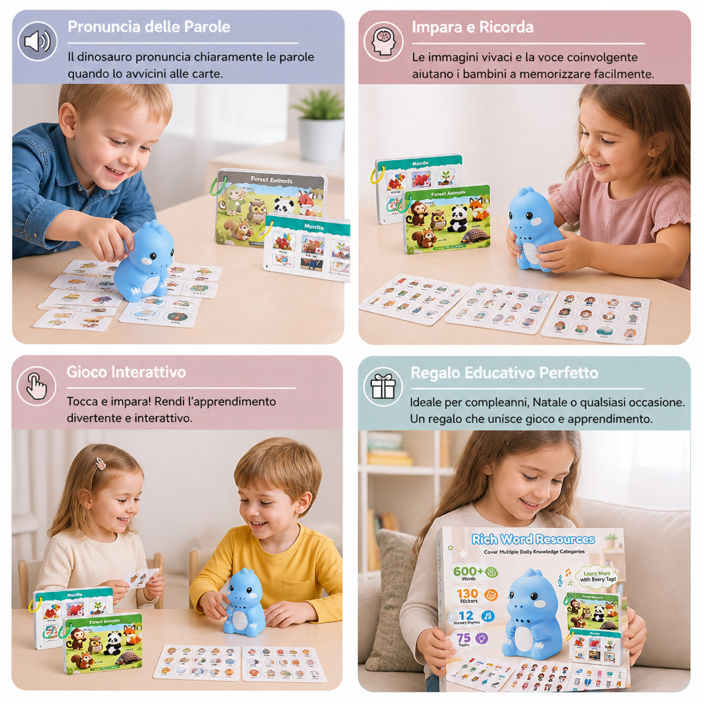 Carte Parlanti Interattive dei Dinosauri e Adesivi – Set di Apprendimento Montessori per la Fonetica e le Parole Visive