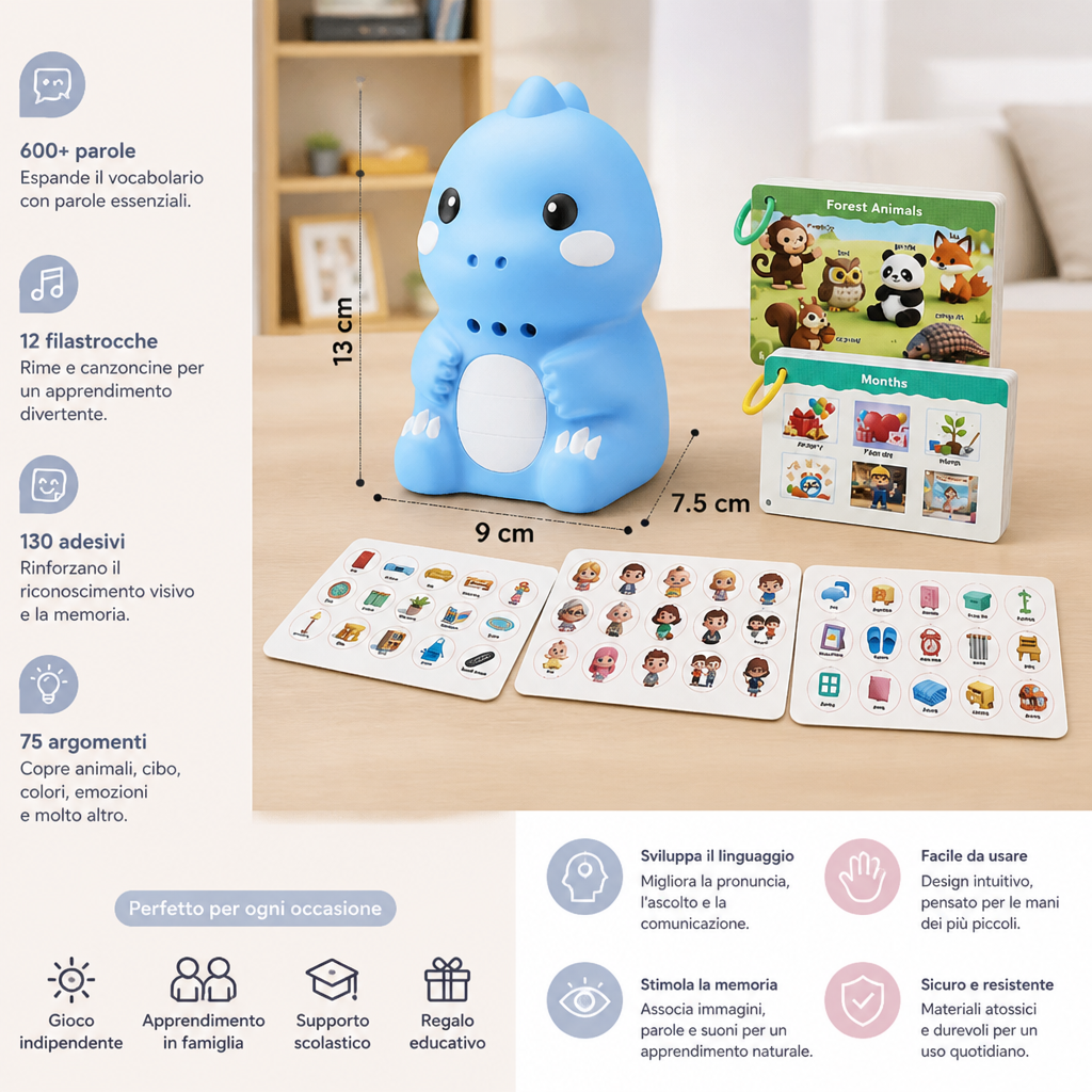 Carte Parlanti Interattive dei Dinosauri e Adesivi – Set di Apprendimento Montessori per la Fonetica e le Parole Visive