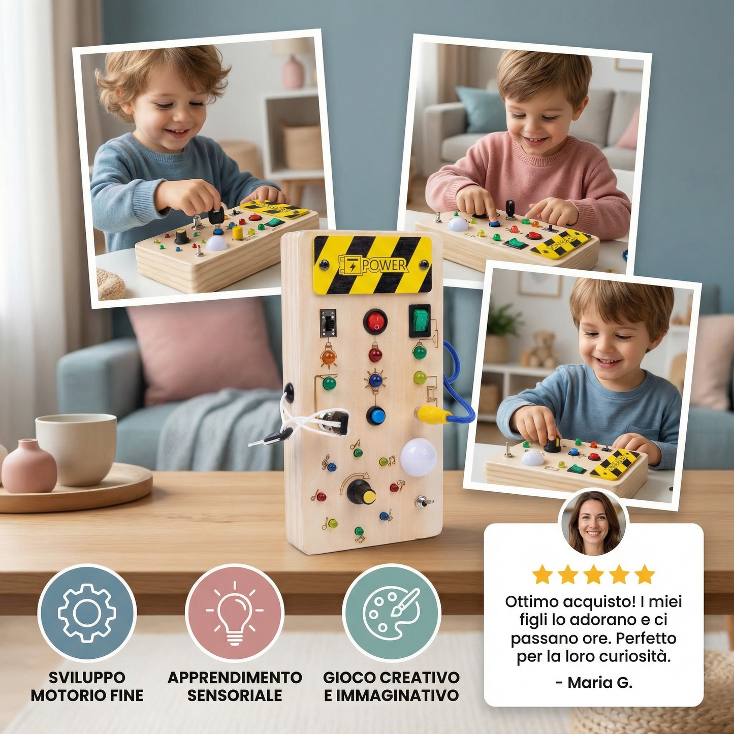 Tavola sensoriale Montessori in legno con luci e interruttori – gioco di motricità per bambini
