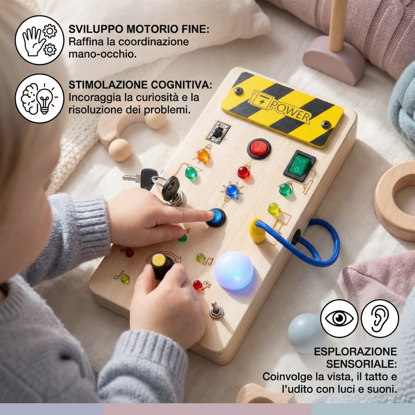 Tavola sensoriale Montessori in legno con luci e interruttori – gioco di motricità per bambini