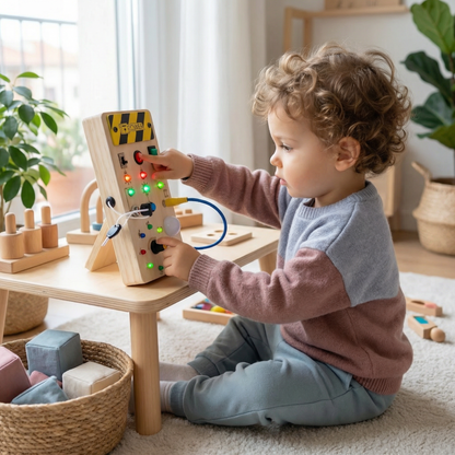 Tavola sensoriale Montessori in legno con luci e interruttori – gioco di motricità per bambini