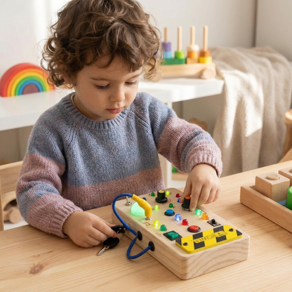 Tavola sensoriale Montessori in legno con luci e interruttori – gioco di motricità per bambini