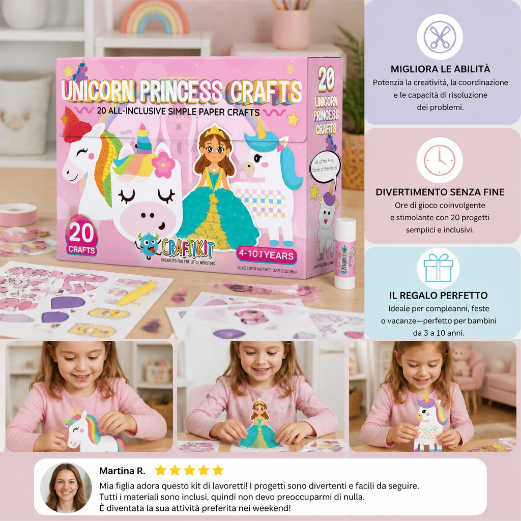 Scatola di Lavoretti di Carta per Bambini – 20 Progetti DIY Facili per Bambini 3–10 Anni con Stick di Colla, Nastro e Buste