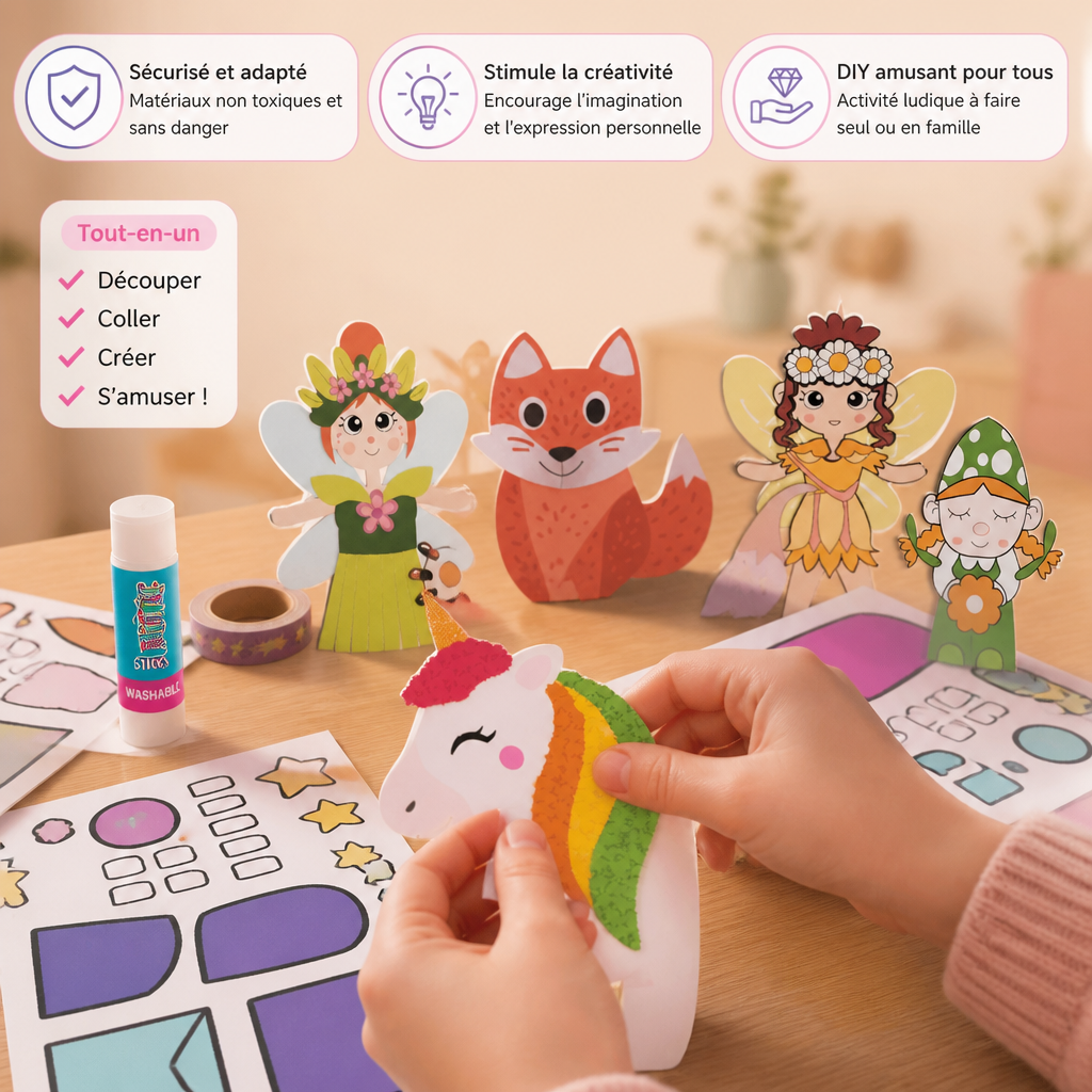 Scatola di Lavoretti di Carta per Bambini – 20 Progetti DIY Facili per Bambini 3–10 Anni con Stick di Colla, Nastro e Buste