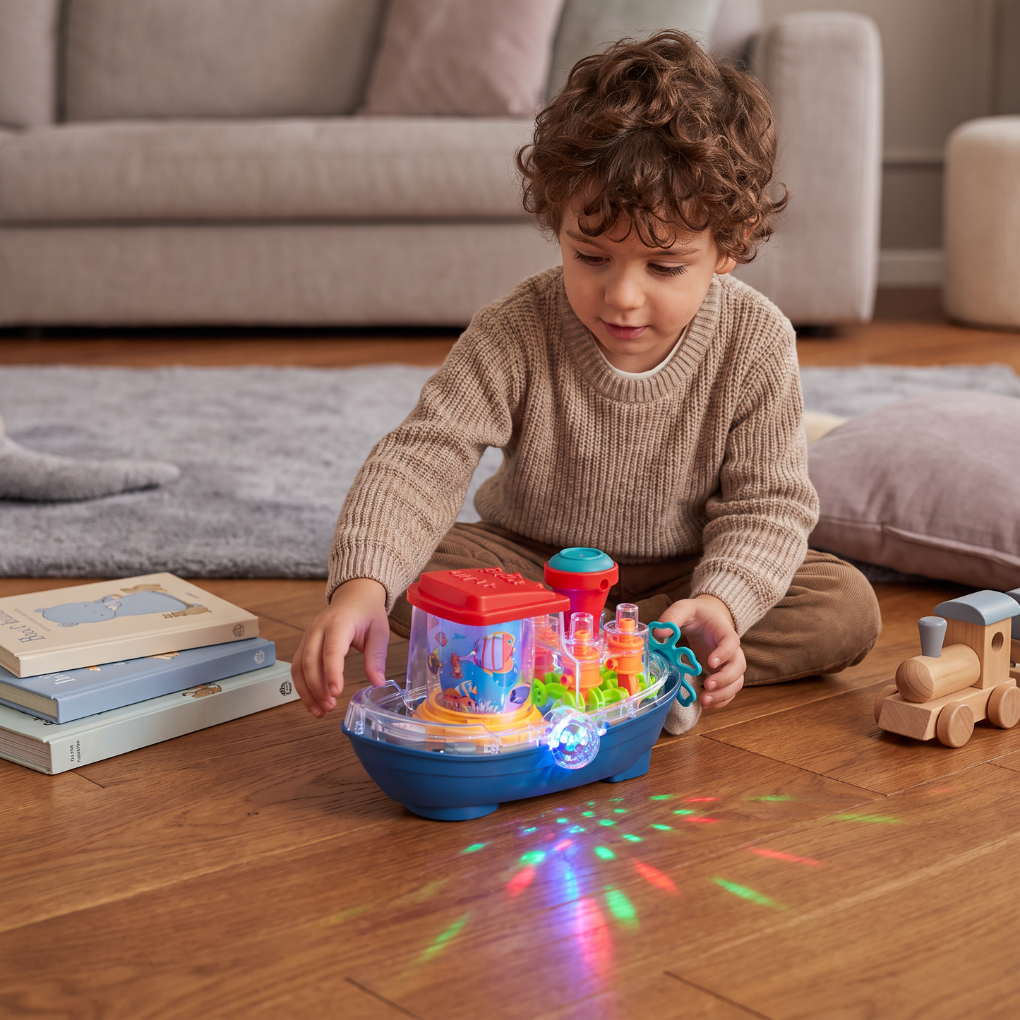 Barca a Ingranaggi Luminosa – Giocattolo Elettrico Musicale per Bambini