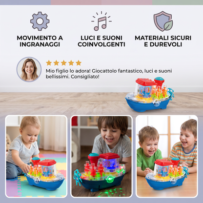 Barca a Ingranaggi Luminosa – Giocattolo Elettrico Musicale per Bambini