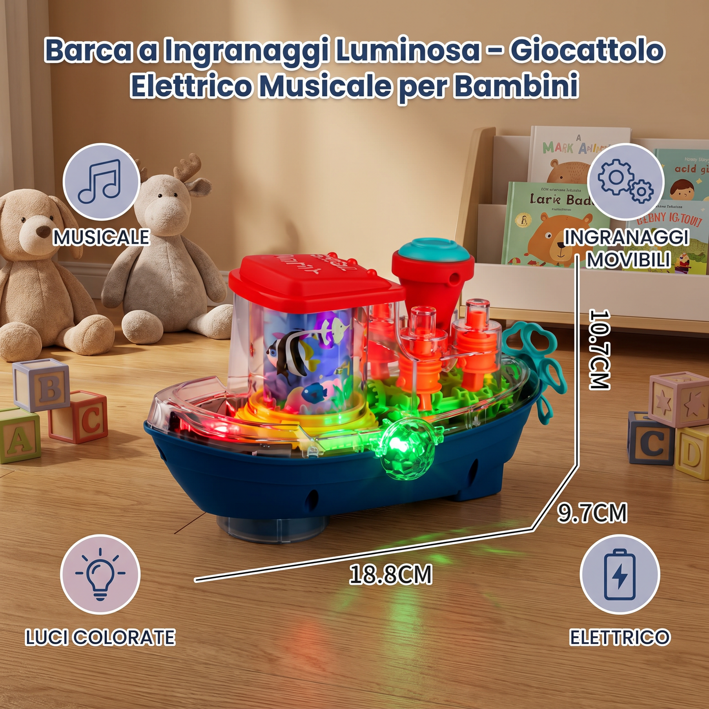 Barca a Ingranaggi Luminosa – Giocattolo Elettrico Musicale per Bambini