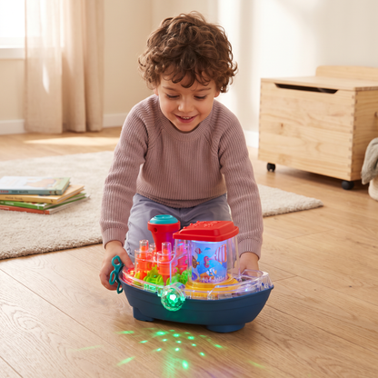 Barca a Ingranaggi Luminosa – Giocattolo Elettrico Musicale per Bambini