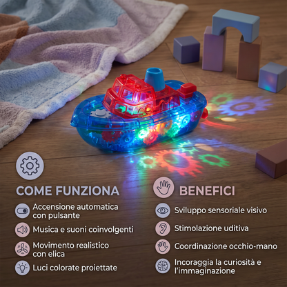 Barca a Ingranaggi Luminosa – Giocattolo Elettrico Musicale per Bambini