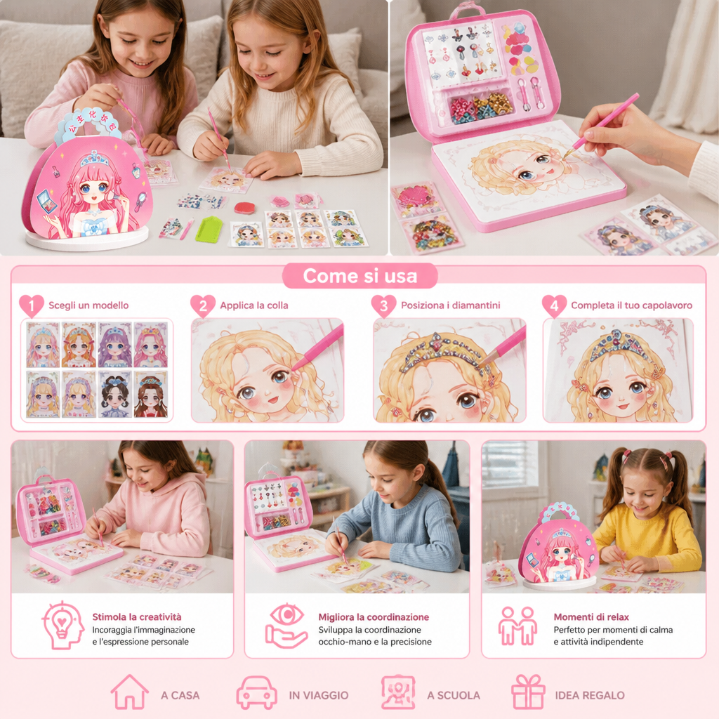 Kit creativo per bambine con libro di Diamond Painting e Foil Art da principessa