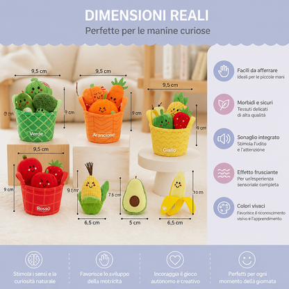 Morbido Gioco Educativo di Frutta e Verdura per Neonati – Set da 4 Pezzi per Imparare i Colori con Sonaglio ed Effetto Frusciante