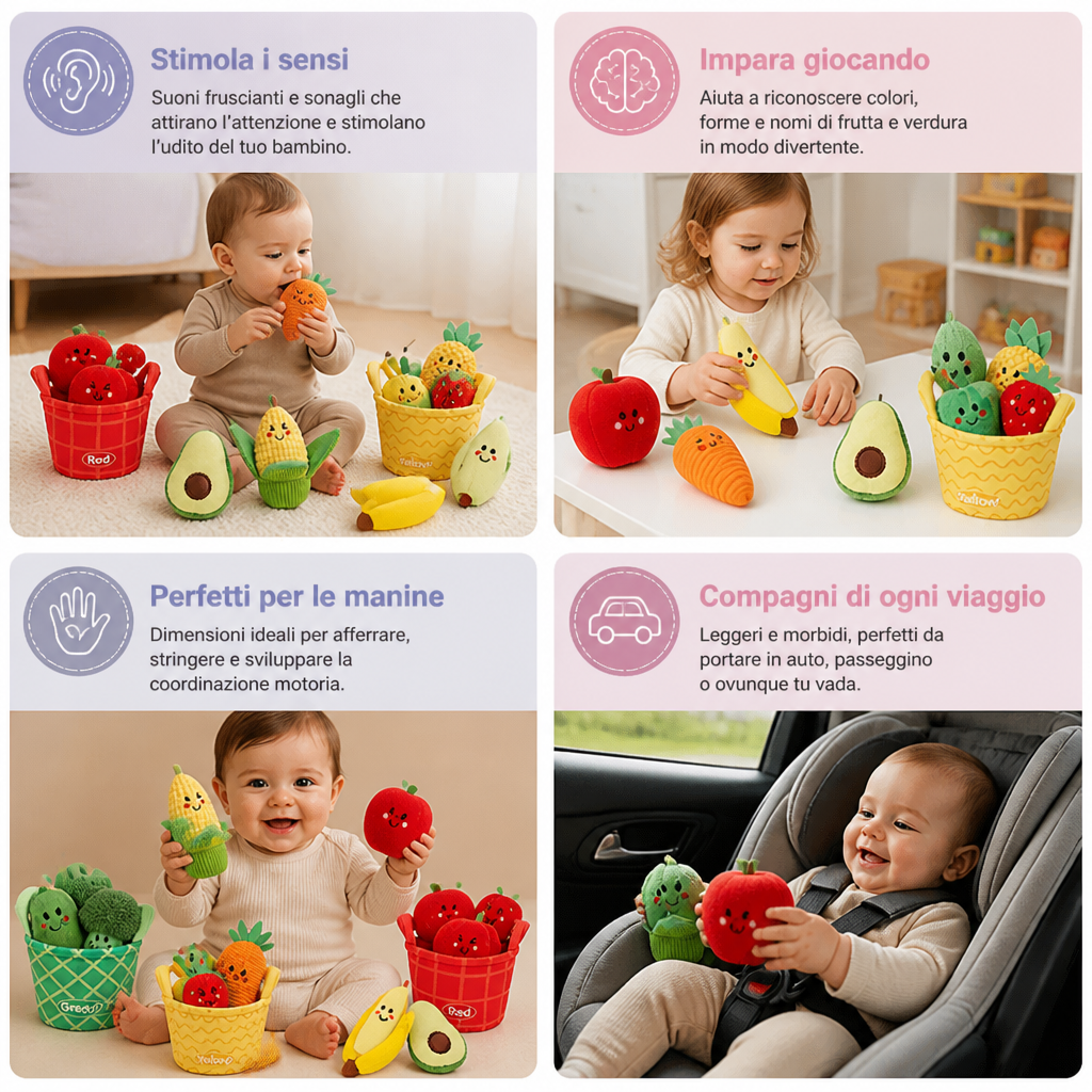 Morbido Gioco Educativo di Frutta e Verdura per Neonati – Set da 4 Pezzi per Imparare i Colori con Sonaglio ed Effetto Frusciante