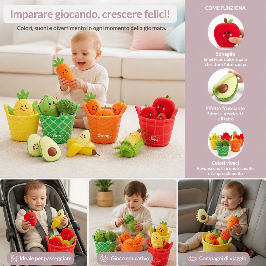Morbido Gioco Educativo di Frutta e Verdura per Neonati – Set da 4 Pezzi per Imparare i Colori con Sonaglio ed Effetto Frusciante