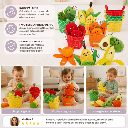 Morbido Gioco Educativo di Frutta e Verdura per Neonati – Set da 4 Pezzi per Imparare i Colori con Sonaglio ed Effetto Frusciante