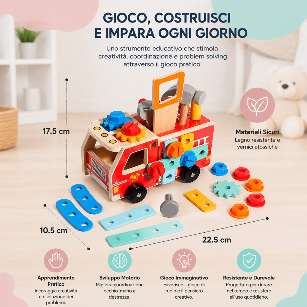 Cassetta degli Attrezzi e Set da Costruzione Montessori in Legno dei Vigili del Fuoco